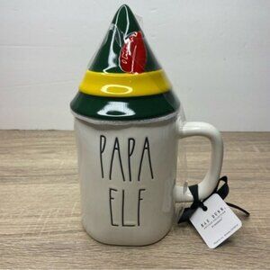 Rae Dunn Papa Elf Ceramic Mug with Elf Hat Lid Cover NEW